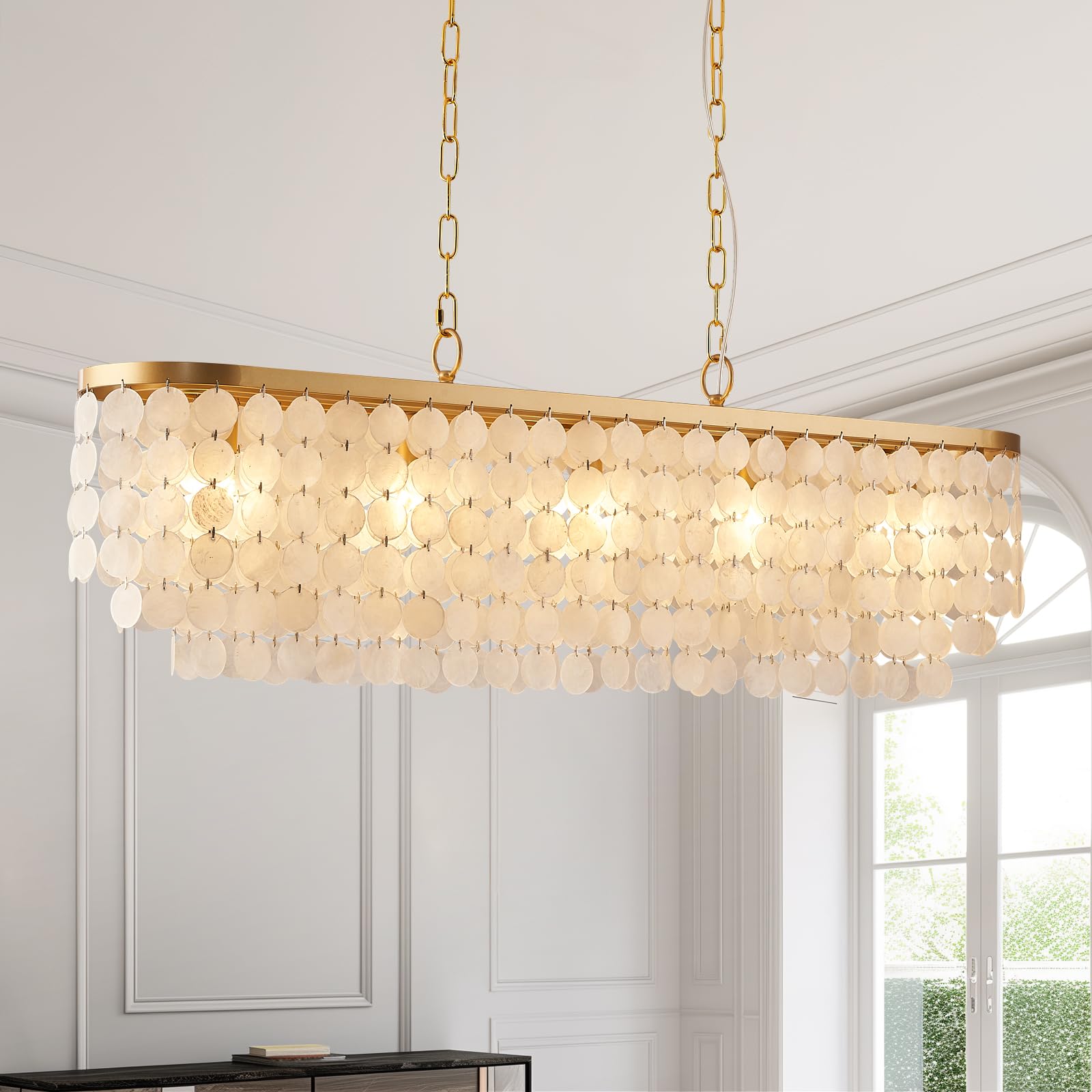 Photo 1 of ***FACTORY SEALED***HLMRCHEN 5 Light Capiz Shell Chandelier Rectangular Coastal Chandeliers for Dining Room,Gold Light Fixtures Over Table Kitchen Island Lighting Fixtures Ceiling Hanging Mount(42" Large Pendant Lights)