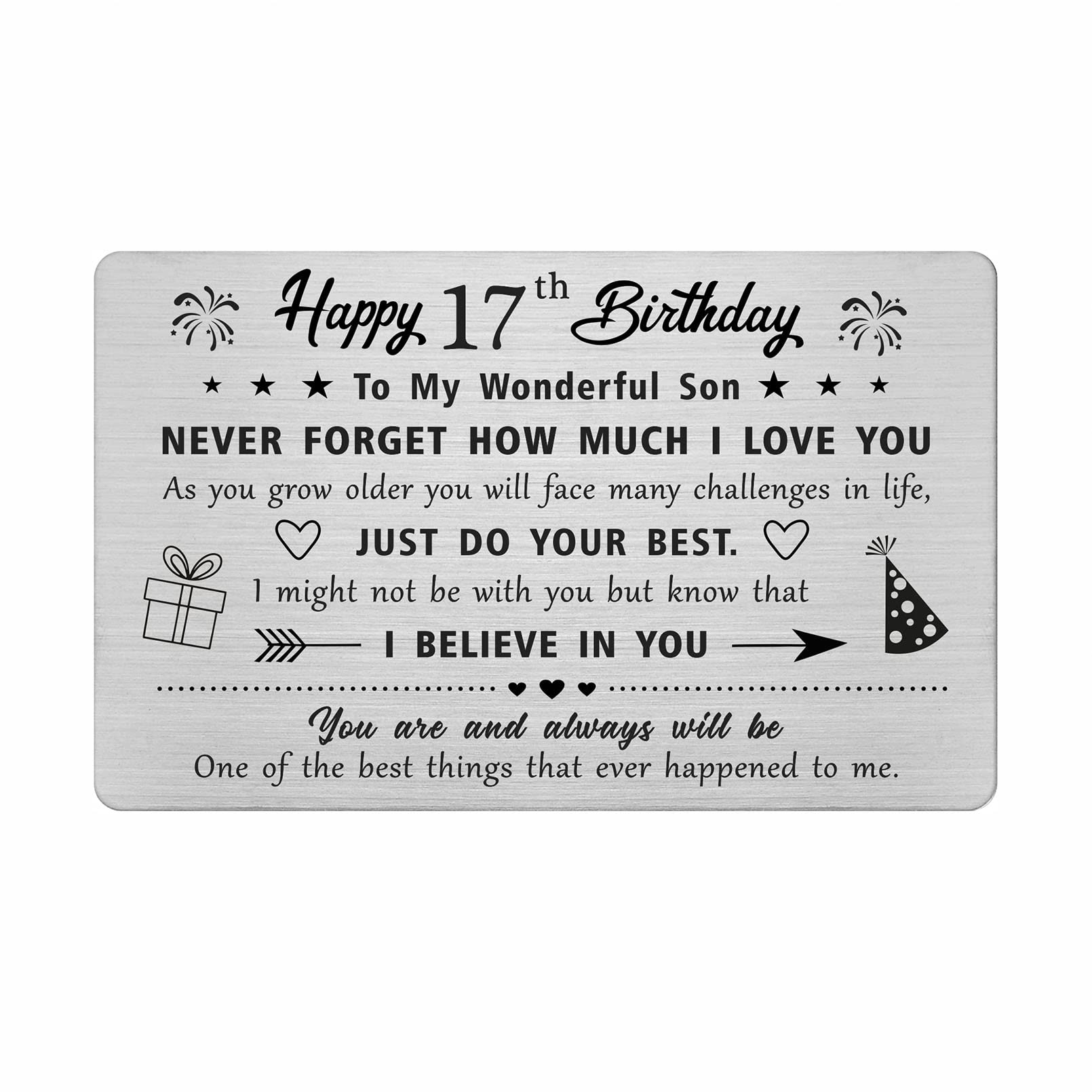 FALOGI Son 17th Birthday Card - Happy 17 Year Old Birthday Card for Son - Birthday Gifts for 17 Year Old Son, Metal Engraved Wallet Card
