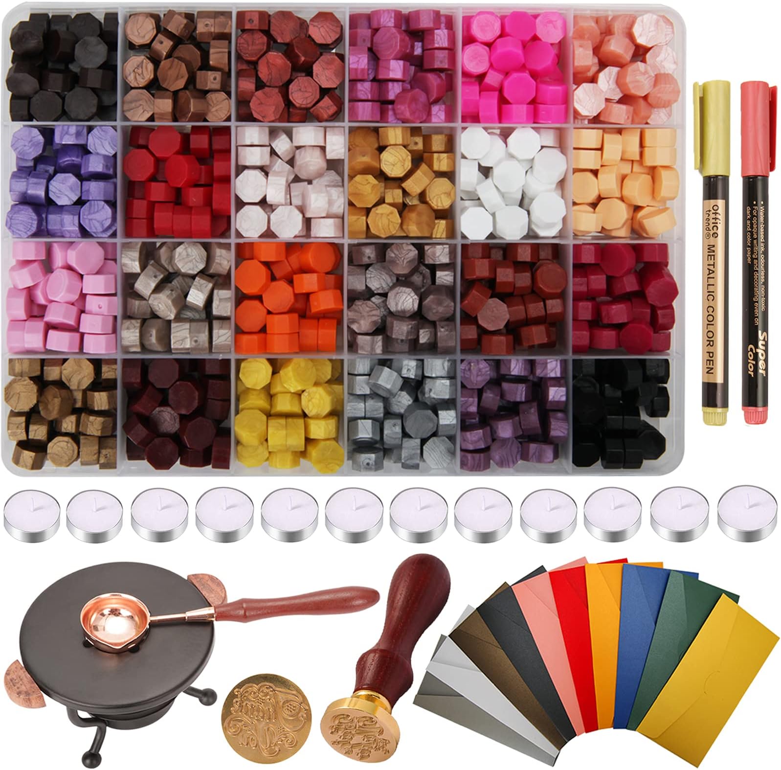 748PCS Wax Seal Kit, YIPLED 24 Colors Sealing Wax Beads with"Thank You" Seal Stamp, 12PCS Tea Candles, Stamp Warmer, Melting Spoon, Envelopes and Metallic Pens for Wax Sealing Stamp