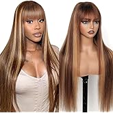 Veally Blonde Highlight Wig with Bangs for Women Long Blonde Mixed Brown Straight Wigs 26 Inch Honey Blonde Wigs Natural Looking Heat Resistant Synthetic Wig for Daily Party Use