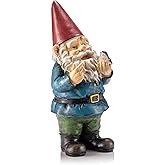 Alpine Corporation 12" Tall Garden Gnome Outdoor Yard Statue with Colorful Bird Accent, Playful Polyresin Decoration, Multicolor