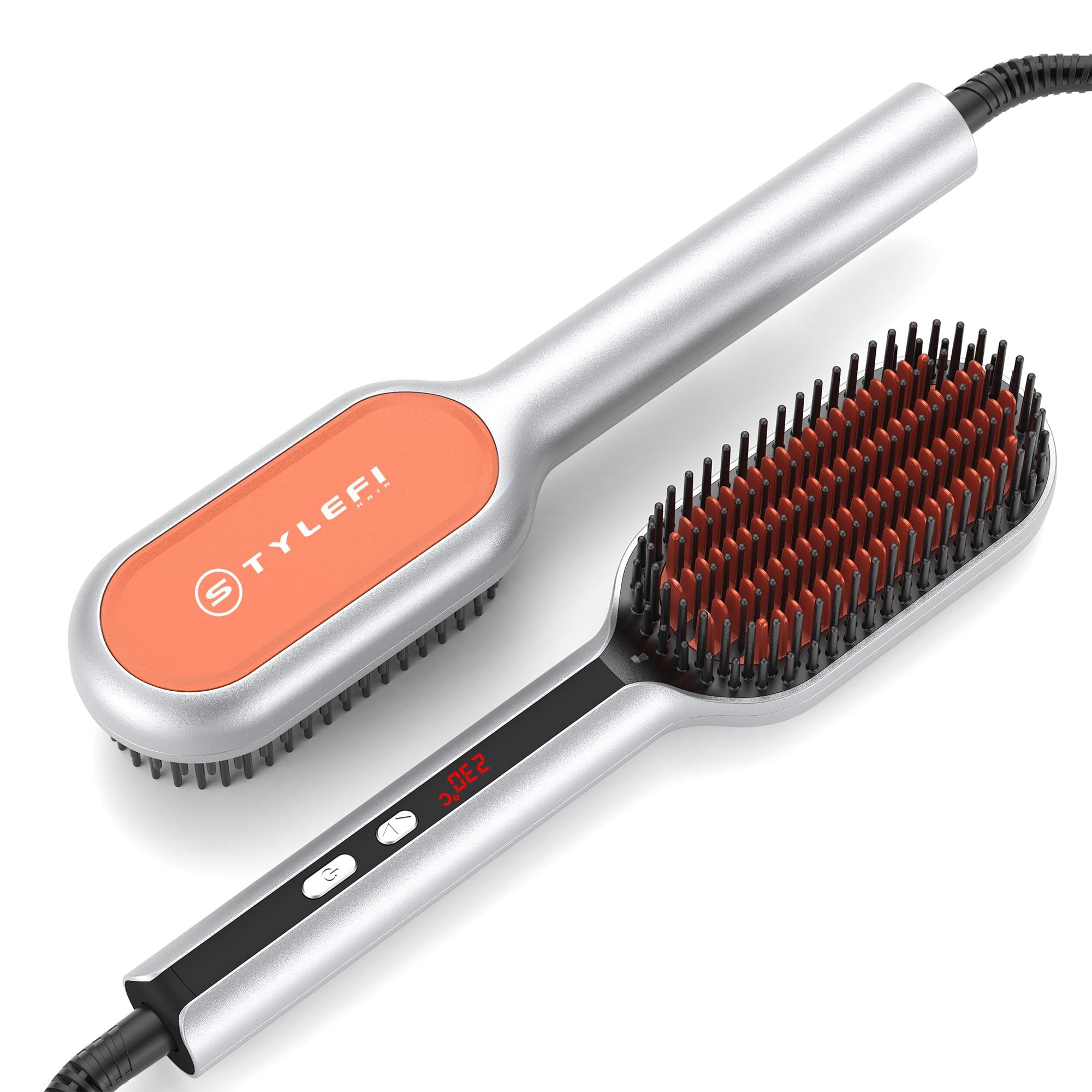 Photo 1 of StyleFi Upgraded Ionic Hair Straightener Brush for Women, Compact Wave-Design Bristles Hot Comb, Fast & Smooth Styling, Lightweight Double Voltage 120-240V Flat Iron Brush for Travel, Orange-Silver