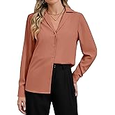 Women's Business Casual Tops Elegant Satin Silk Long Sleeve Button Down Shirts Lapel Collar V Neck Chiffon Work Blouses