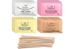 Sweetmo Sugar Packets Variety Pack - Sucralose, Raw Sugar, Saccharin, Cane Sugar with Wooden Stirrers - 400 Count for Coffee, Tea, Office Breakrooms, Home & Airbnb