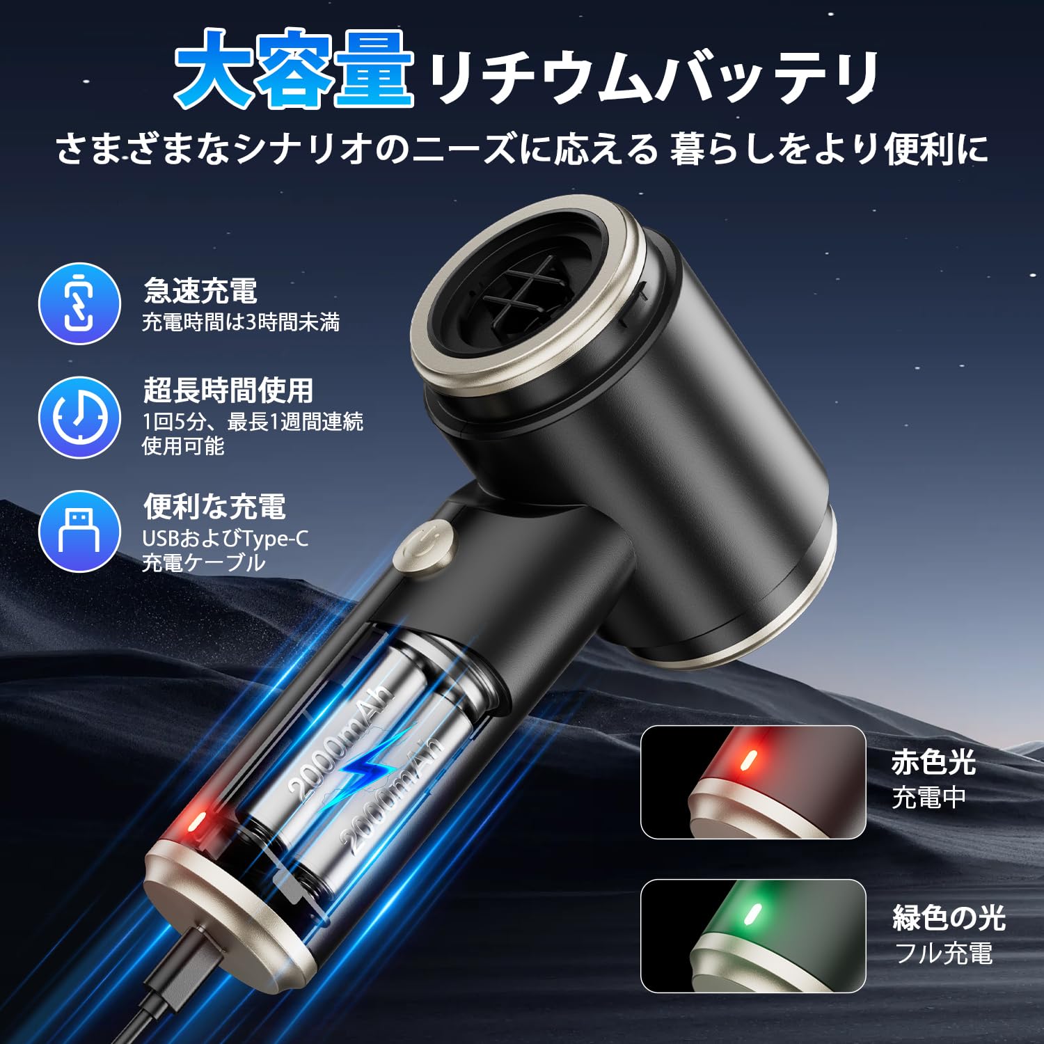 [2024 New Item] Multi-functional Car Vacuum Cleaner, Cordless, 15,000 Pa, Strong Suction Power [Blow/Suction/Air Pump/Air Release] Handy Cleaner, Type-C Rapid Charging, 4,000 mAh, Small Vacuum