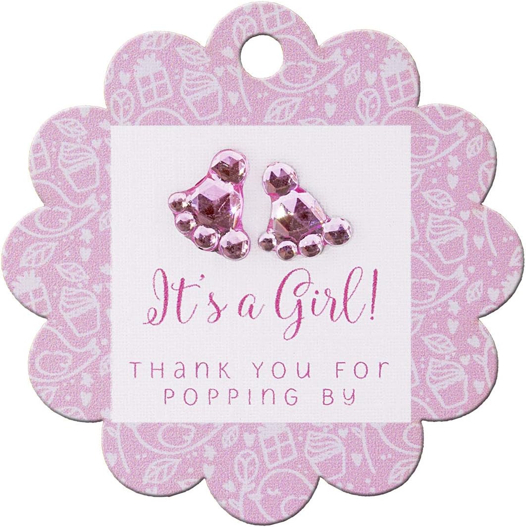 Summer-Ray 50pcs Baby Shower Scallop Favor Gift Tags with Baby Feet Rhinestones (It's a Girl Pink)