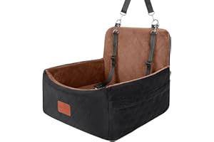 WOOAIDAGG Dog Car Seat for Small Dogs Under 30lbs,Ultra Soft Fabric & Memory Foam Pet Travel Car Bed,Washable & Detachable,Anti-Slip Bottom,2 Storage Pockets and Safety Tethers(Black/Brown)