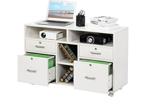 VINGLI Wood Mobile File Cabinet with 4 Drawers and Shelves, Printer Stand with Open Storage, Lockable Lateral Filing Cabinet for Home Office, Assembly Required, Light Beige Close to White