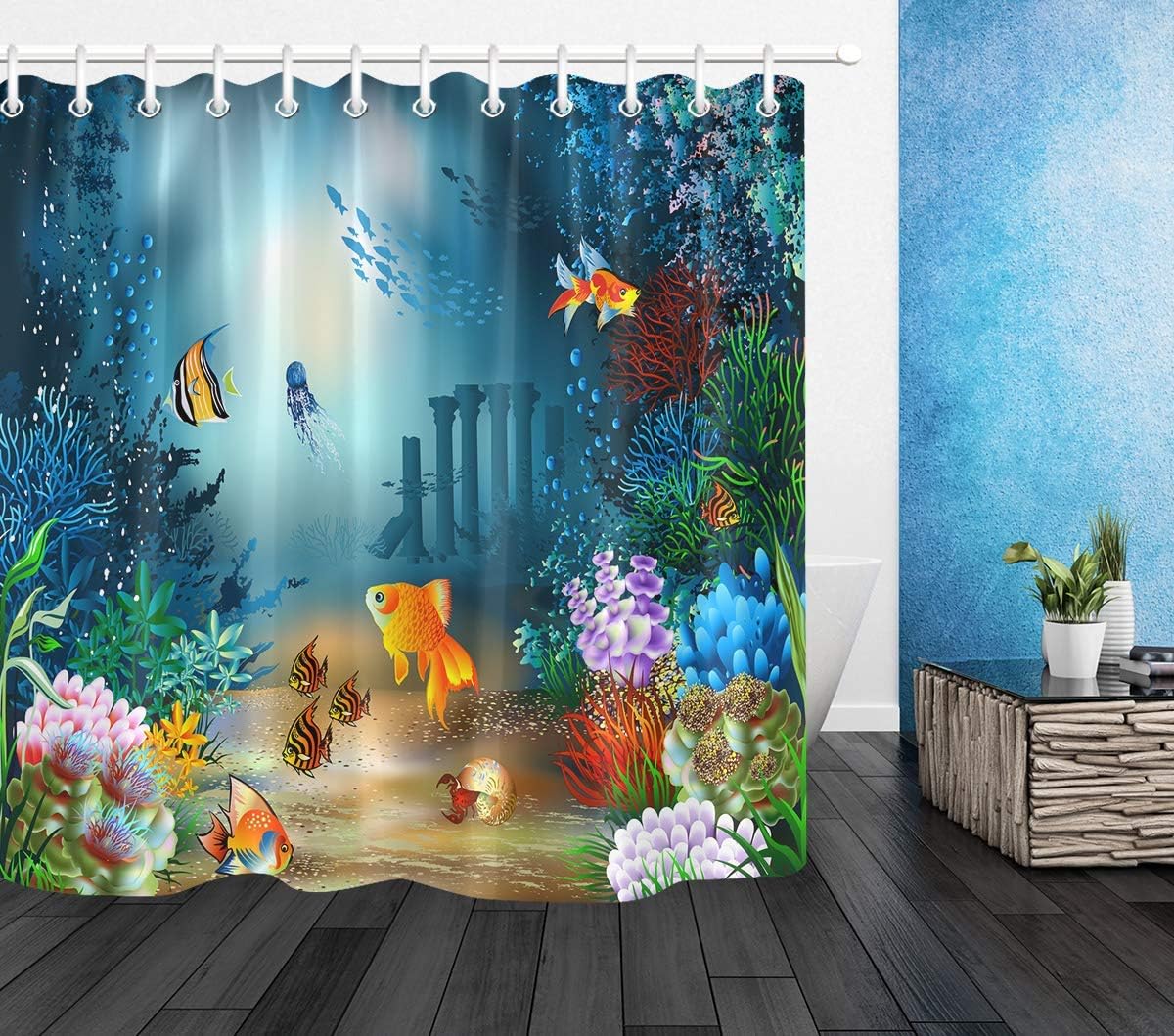 LB Tropical Fish Shower Curtain for Kids Coral Reef Marine Life Bath Curtain with Hooks Blue Sea Anti Mould Waterproof Polyester Fabric Bathroom Curtains,59x71 inches