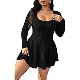 Vaimti Women's Black Ribbed Knit Off-Shoulder Sweater Dress Have Pockets Casual Sportswear
