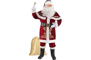 Boveco Christmas Santa Claus Costume for Men Adult 12pcs Santa Suit Deluxe Professional Velvet Outfit for Xmas Holiday Party