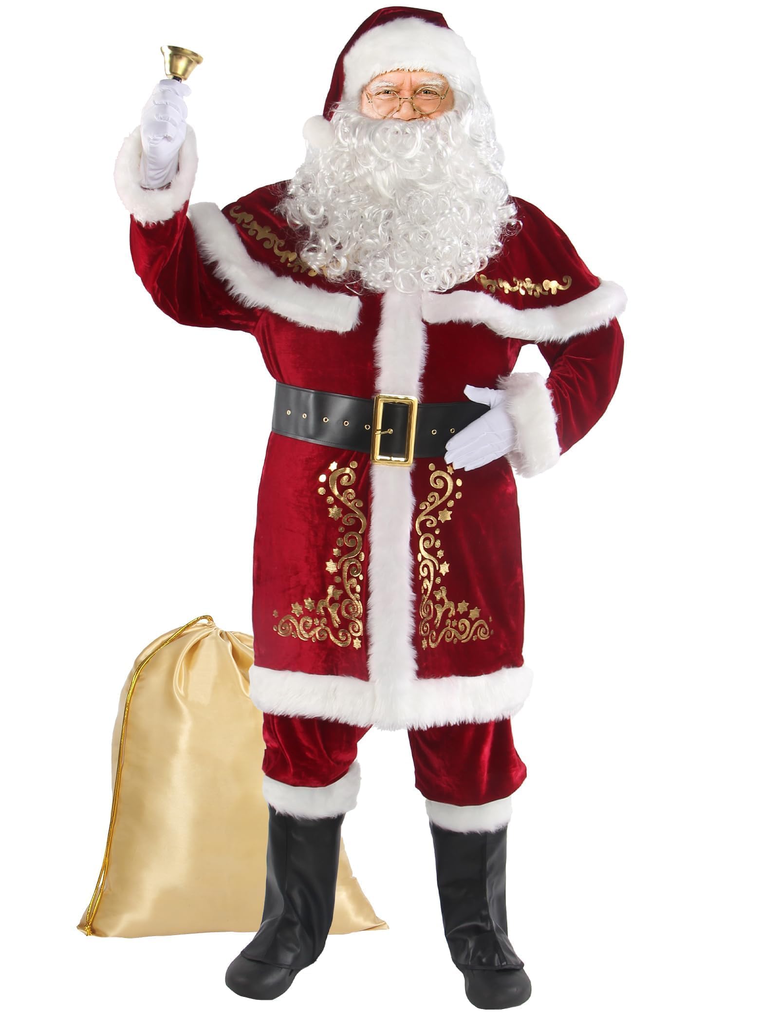 Photo 1 of Boveco Christmas Santa Claus Costume for Men Adult 12pcs Santa Suit Deluxe Professional Velvet Outfit for Xmas Holiday Party Cosplay XL