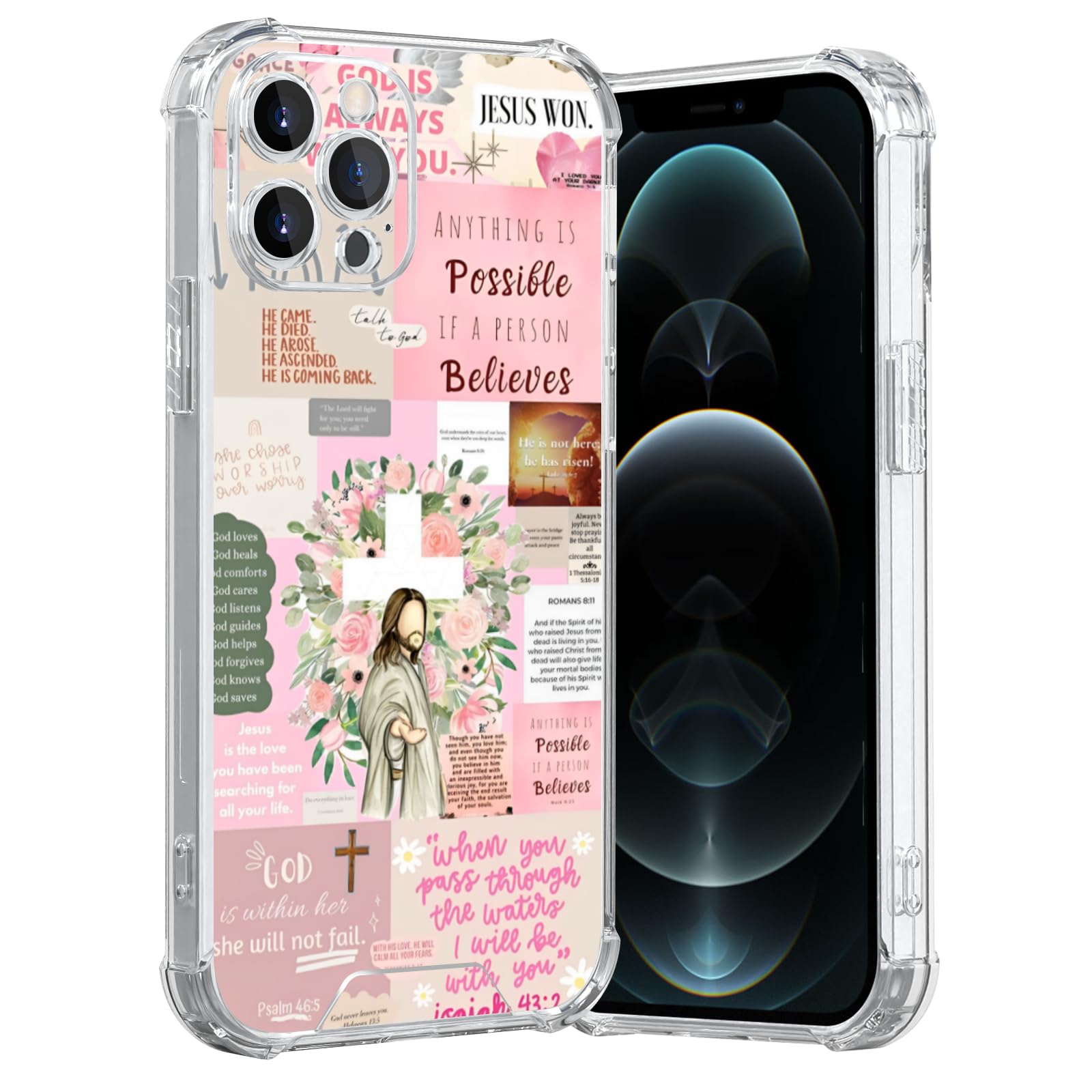 MMYAJT Pink Cool Christian Phone Case Fit for iPhone 12 Pro Max — Wireless Charging Shockproof Clear Jesus Holy Bible Verses Phone Cover Gift for Boy Girl Men Women