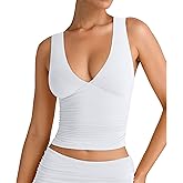 YFANG Women's Summer Deep V-Neck Ruched Crop Tank Top Sexy Sleeveless Double Lined Crop Top