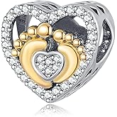 QeenseKc Two Tone Footprint Heart Charm Sparkling CZ Bead Compatible with Pandora Bracelet Mom Gift