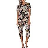 Ekouaer Women's Sleepwear Capri Pajama Sets Short Sleeve Two-Piece Pjs V Neck Tops & Capri Pants with Pockets S-3XL