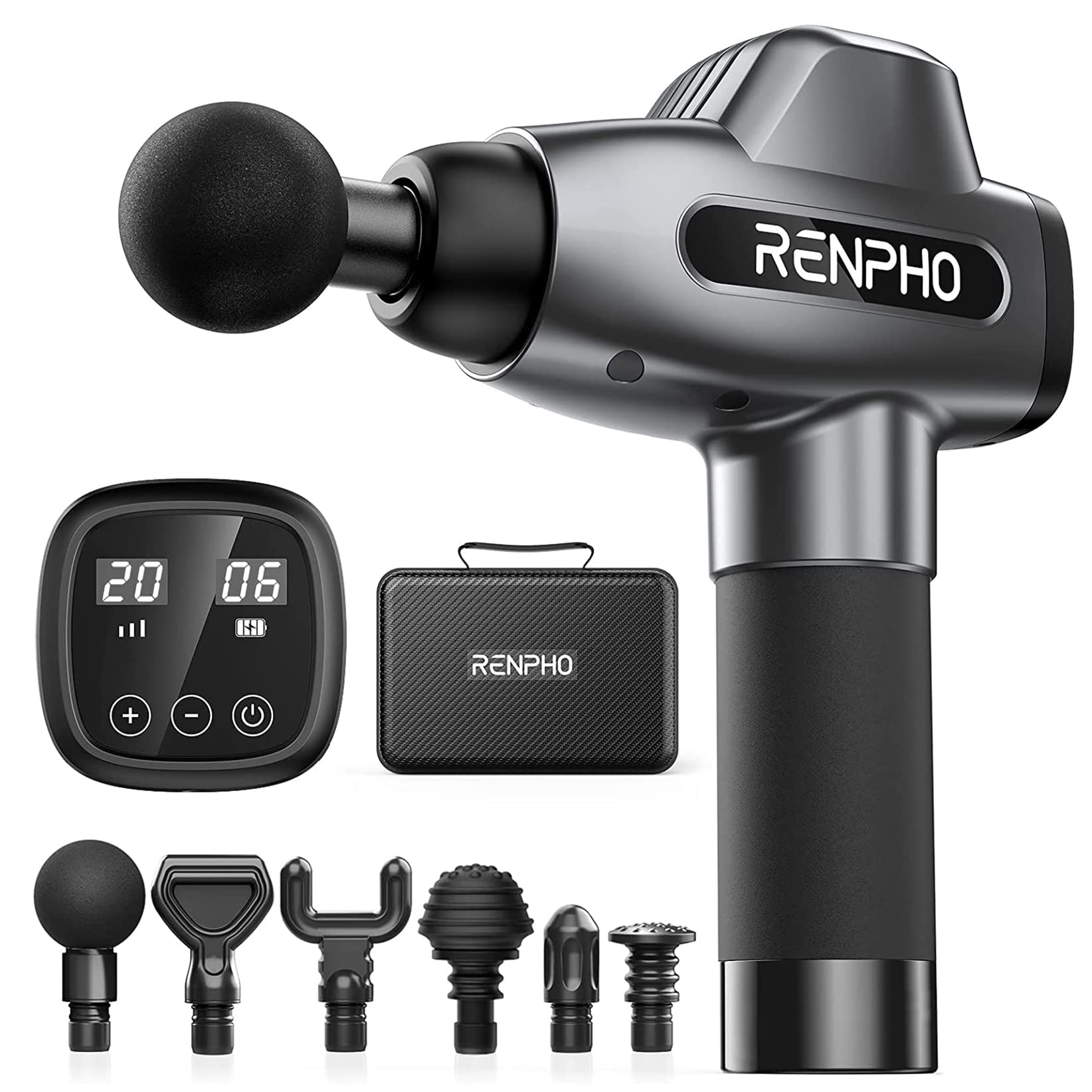 Massage Gun, RENPHO Muscle Massage Gun Deep Tissue Massager for Athletes, Message Gun with LCD Touch Screen, Powerful Brushless Motor 20 Speeds for Back, Shoulder, Full Body Muscle Relaxation, Black