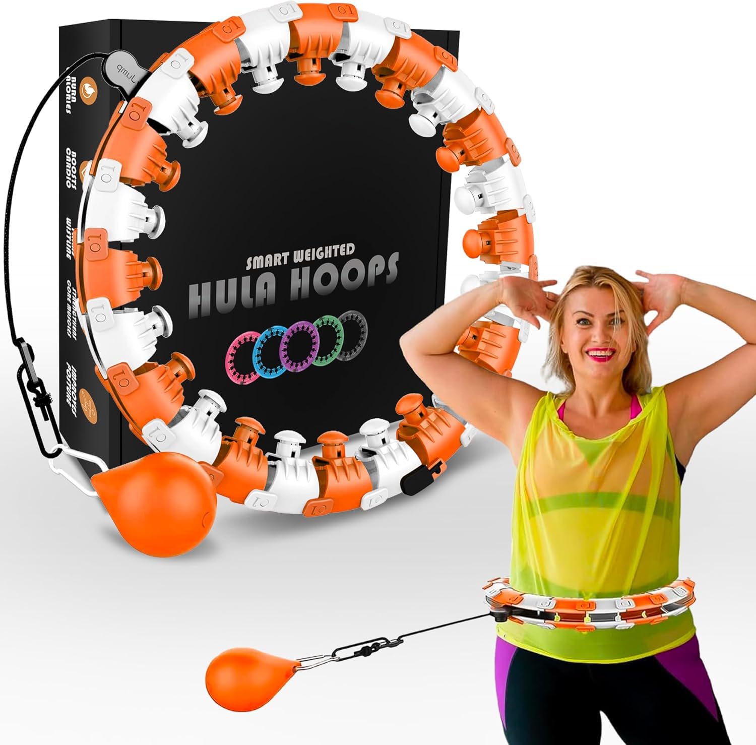 Active 100 Smart Hula Ring Hoops, Weighted Hula Circle 24 Detachable Fitness Ring with 360 Degree Auto-Spinning Ball Gymnastics, Massage, Adult Fitness for Weight Loss (Ambar Orange)