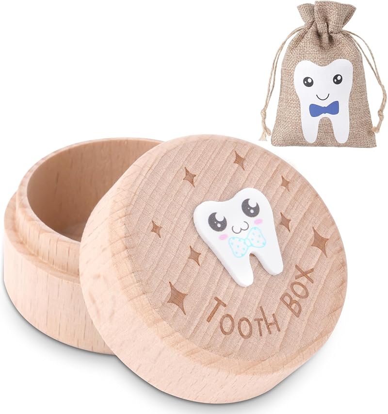HOTUT Wooden Tooth Fairy Box 3D Carved Tooth Holder Beech Wood Gift