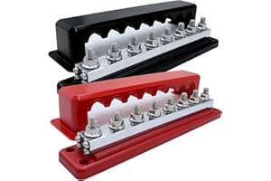 AMOMD 2 Pcs 600 A High Current Copper Bus Bar 300V AC / 48V DC 8 Way 3/8 inch (M10) Studs 8#8-32 Screws Electrical Terminal Ground Distribution Block Battery Buss Bars with Cover (Red & Black)