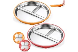 Semloo Stainless Steel Kids Plates with Suction, 2Pack 9" Divided Toddler Plates Removable Non Slip Silicone Sleeves Baby Feeding Led Weaning Supplies, BPA Free, Unbreakable Dishwasher Safe