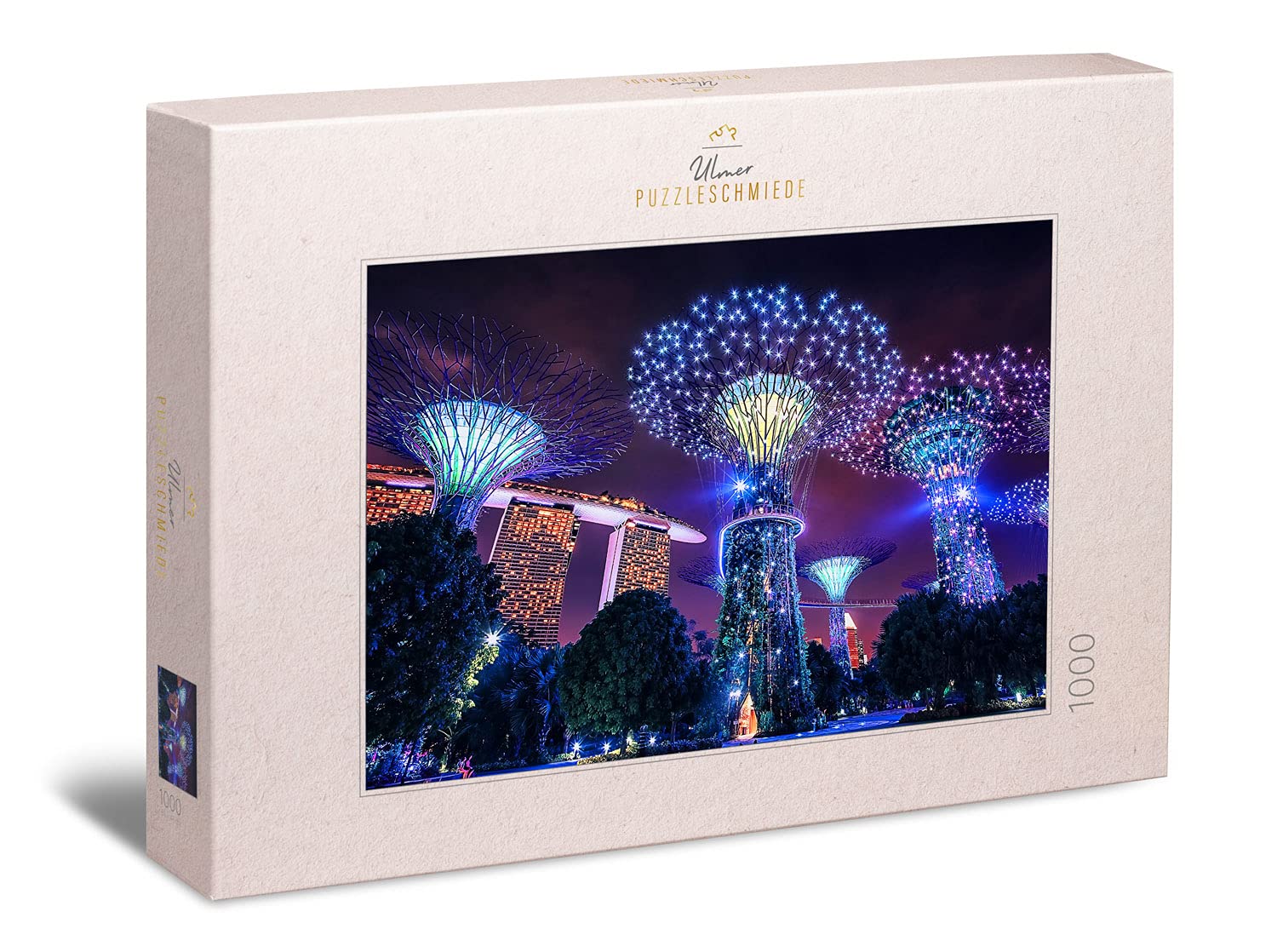 Ulmer Puzzleschmiede - Ambient jigsaw Puzzle 'Magical Singapore' - Modern 1000 Piece City Puzzle - The Special Night Lights of Singapore with the Marina Bay Sands Hotel