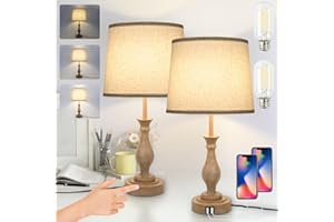 LALISU Touch Lamps for Bedrooms Set of 2, Farmhouse Table Lamp with Dual USB Charging Ports, 3 Way Dimmable Nightstand Lamps with Linen Fabric Lampshade for Bedroom, Living Room (Pack2-01A)
