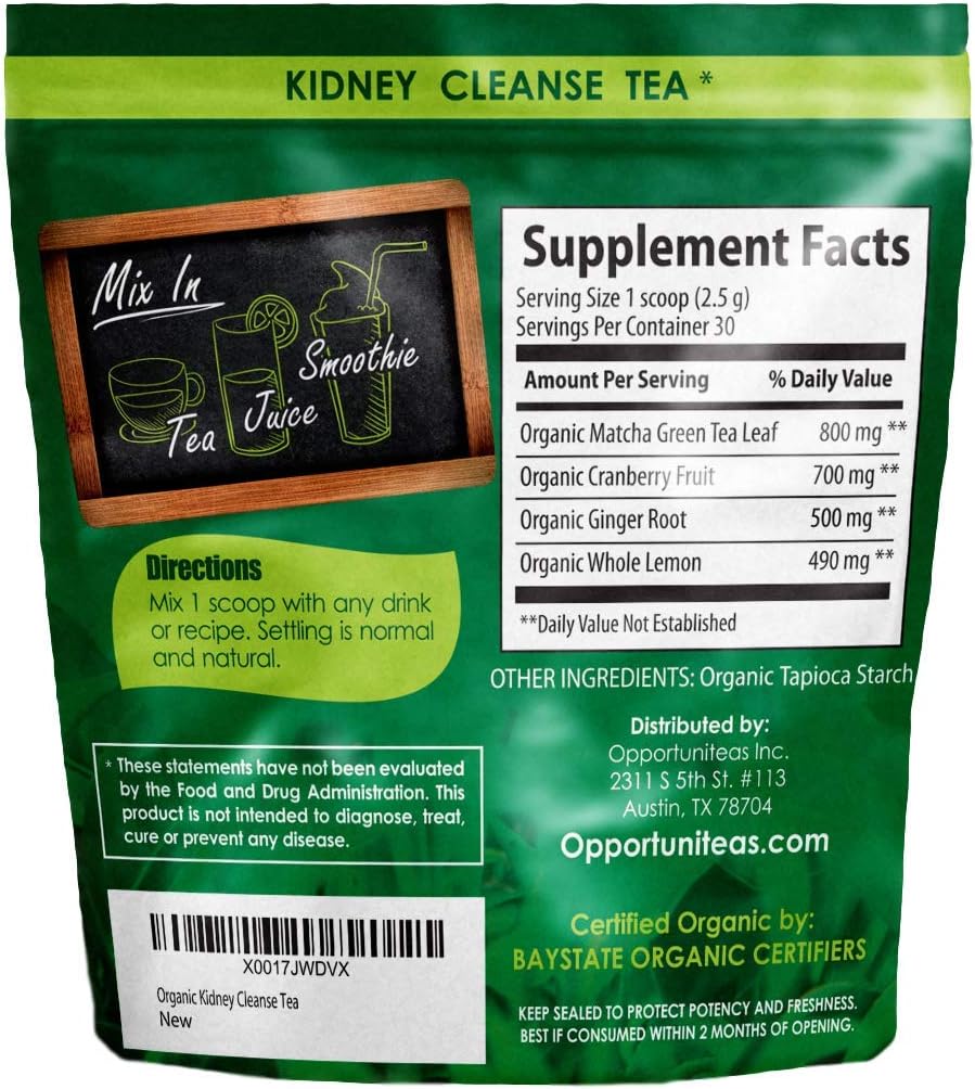 Organic Kidney Cleanse Tea - Matcha Green Tea, Cranberry, Lemon & Ginger - 4 Cleansing Superfoods For Drink, Shake, or Smoothie - Natural Detox Health Supplement Powder - Vegan & Non GMO - 30 Servings: Health & Personal Care