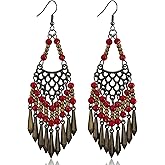 KVANU Handmade Vintage Bronze Bohemian Long Tassel Colorful Bead Dangle Drop Earrings Big Tribal Chandelier Geometry Hook Earrings for Women Statement Jewelry Gifts