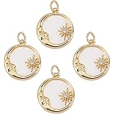 COGCHARGER 4 Pieces Flat Round Moon Sun Charms Brass Micro Pave Clear Cubic Zirconia Pendants Freshwater Shell Charms for Jewelry Necklace Making
