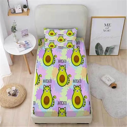 URLINENS Funny Cat Bed Sheet Twin Size, 3D Cute Avocado Cat Fitted