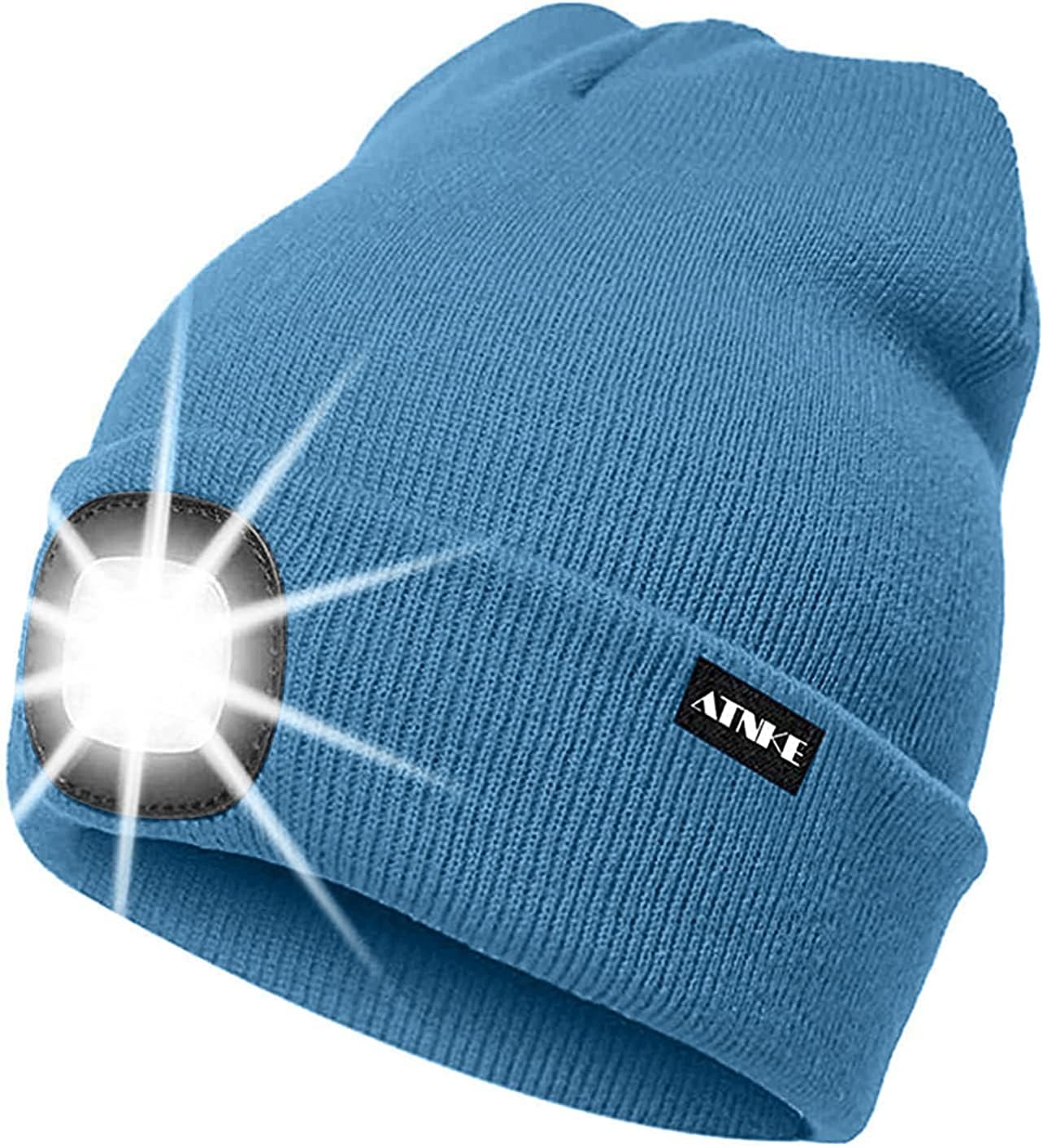 ATNKE LED Lighted Beanie Cap,USB Rechargeable Running Hat Ultra Bright 4 LED Waterproof Light Winter Warm Gifts for Men and Women/Magnolia Blue
