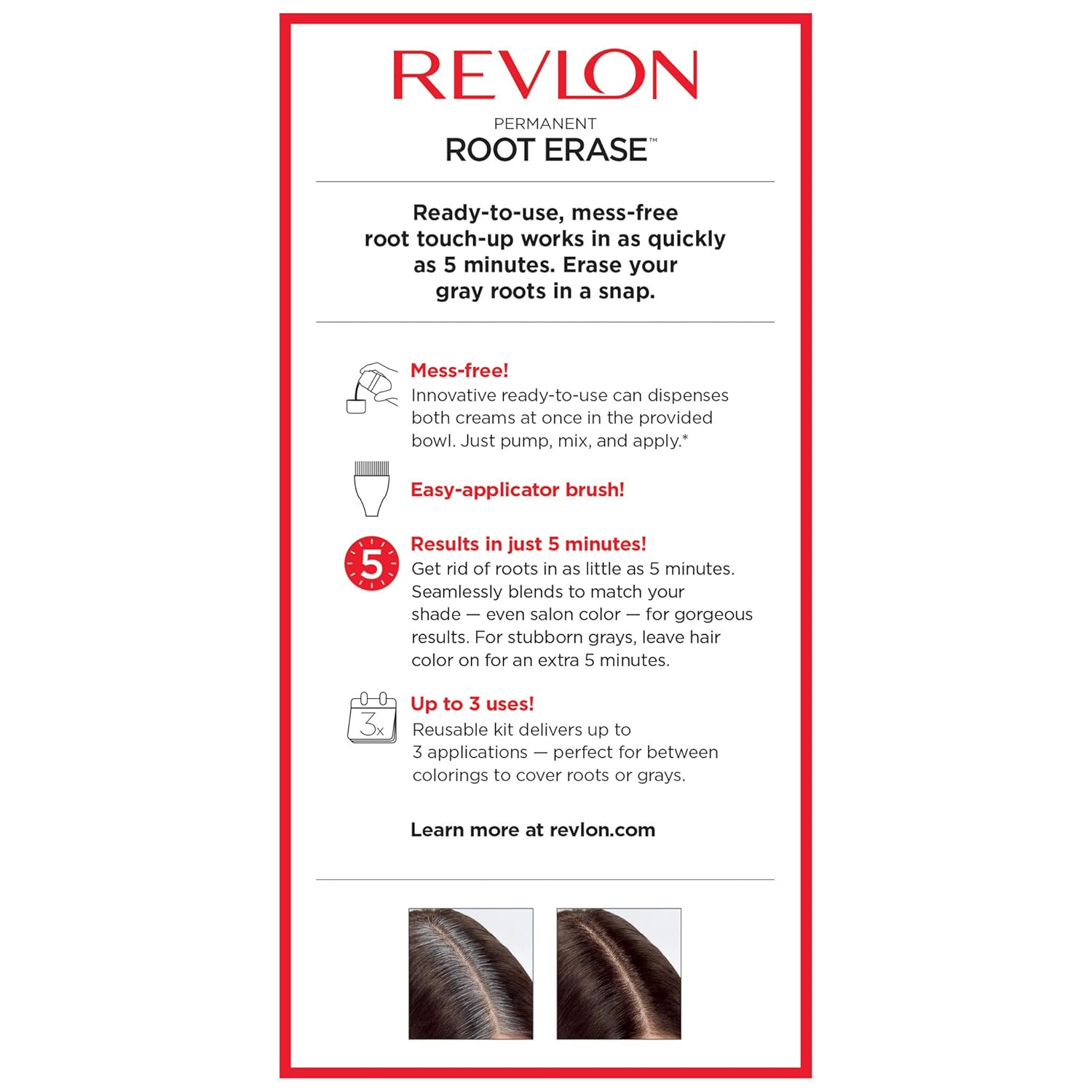 Revlon Root Erase Permanent Hair Color, At-Home Root Touchup Hair Dye with Applicator Brush for Multiple Use, 100% Gray Coverage, Black (3), 3.2 Fl Oz: Beauty
