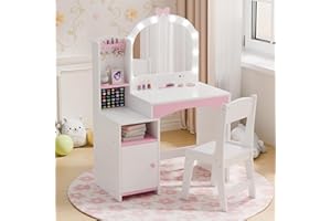 TOLEAD Girls Vanity Table and Chair Set, Kids Vanity with Jewelry Organizer for Princess, Toddler Makeup Vanity Desk with Open Shelf, Closed Cabinet and Butterfly Pattern, White