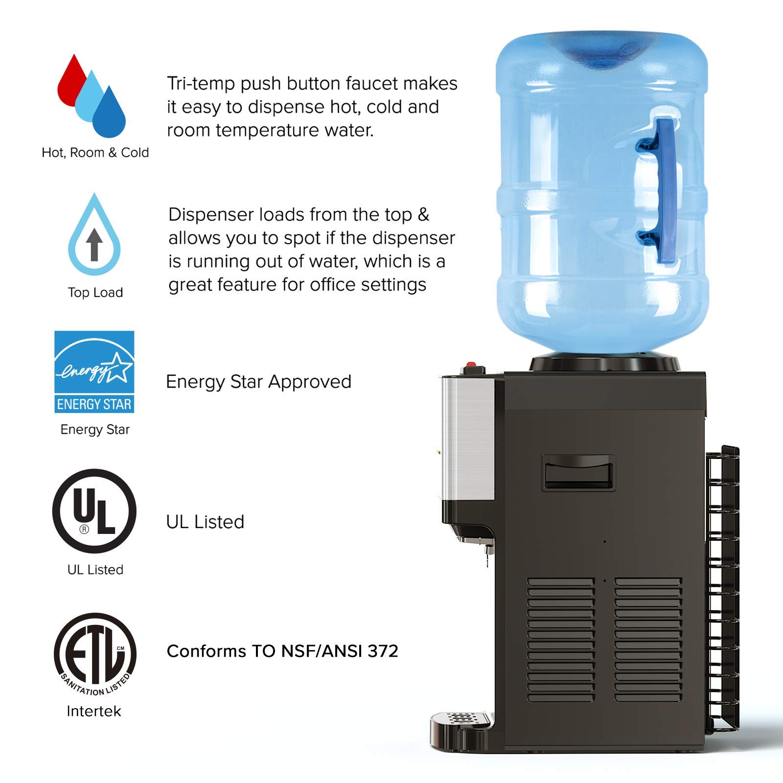 Brio Limited Edition Top Loading Countertop Water Cooler Dispenser with Hot Cold and Room Temperature Water. UL/Energy Star Approved