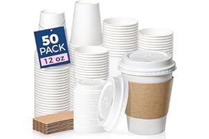 Fit Meal Prep 50 Pack 12 oz Disposable Coffee Cups with Lids, Sleeves, Leak-Proof To Go Coffee Cups with Lids, Durable Hot Paper Cups for Home, Office, Party, Business