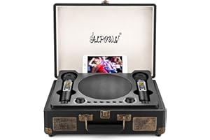 ALPOWL Karaoke Machine for Adults Kids with 2 UHF Wireless Microphones, Portable Bluetooth Speaker with a Retro Gramophone Appearance and Independent Volume and Bass Controls for Outdoor/Indoor(Black)