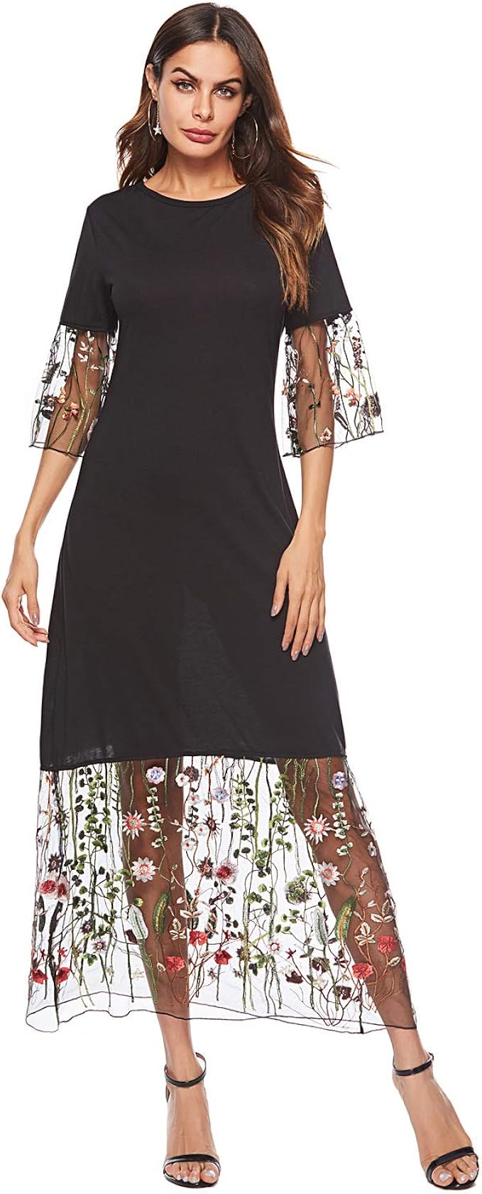 embroidered mesh midi dress