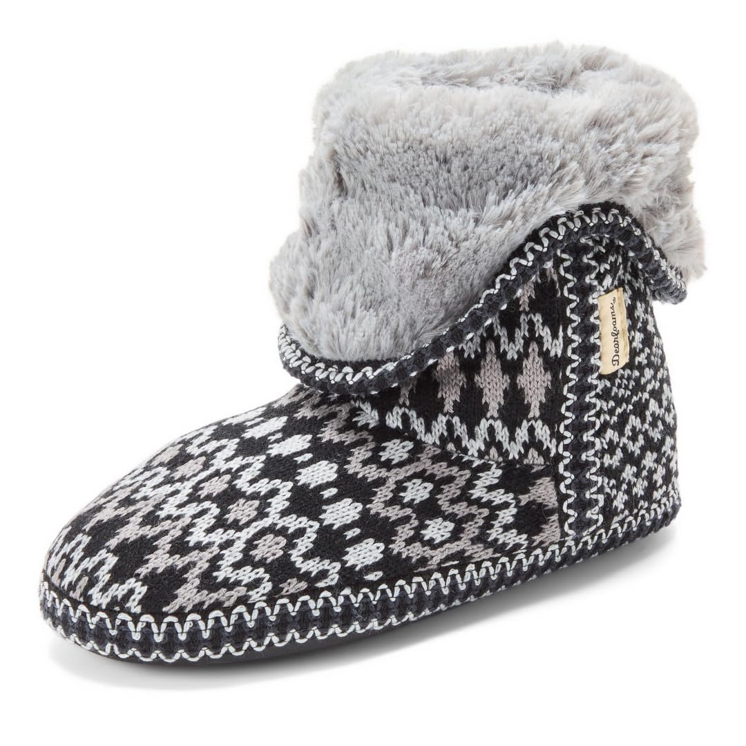 Dearfoams Women's Beth Furry Bootie, Black Fairisle, 7-8 Image