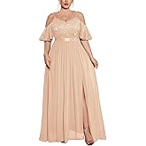 MISSMAY Women's Plus Size Sequins Lace Off Shoulder Short Sleeves Slit Formal Wedding Guest Chiffon Long Dress