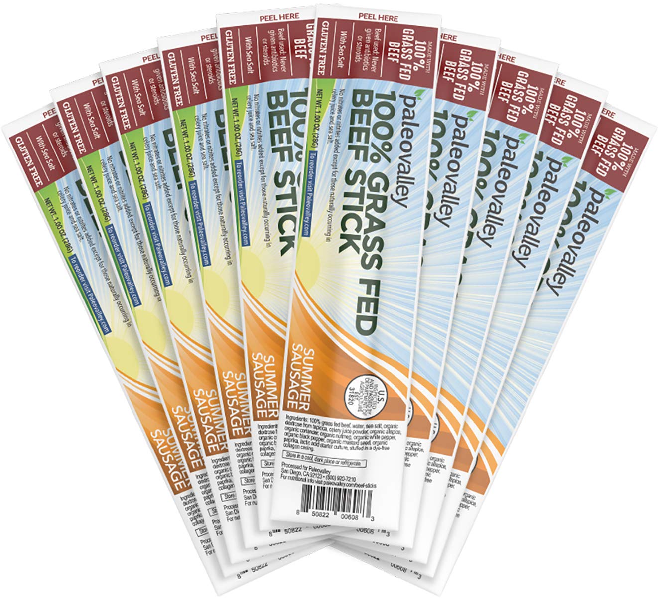 Paleovalley: 100% Grass Fed Beef Sticks - Naturally Fermented 100% Grass-Fed or Grass Finished Beef and Organic Spices - Summer Sausage Flavor - 10 Count - Paleo Protein Snack - No Gluten, Soy or GMO