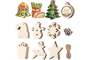 Covacure 100PCS DIY Christmas Crafts - Wooden Christmas Ornaments Unfinished Predrilled Wood Circles for Crafts Centerpieces Holiday Hanging Decorations