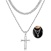 IRONBOX 925 Sterling Silver Cross Necklace for Men Women Stainless Steel Diamond Cut Durable 5MM Cuban Link Chain and 2.5MM Rope Chain Beveled Edge Crucifix Pendant Necklace Jewelry 16-30 Inches