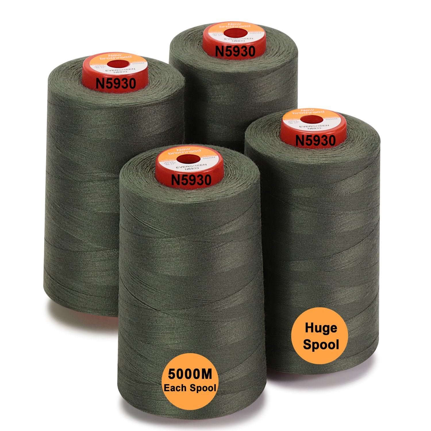 New brothread - 28 Options - 4 Large Cones of 5000M Each All Purpose Polyester Sewing Thread 40S/2 (Tex27) for Sewing, Quilting, Piecing, Serger and Overlock - Evergreen