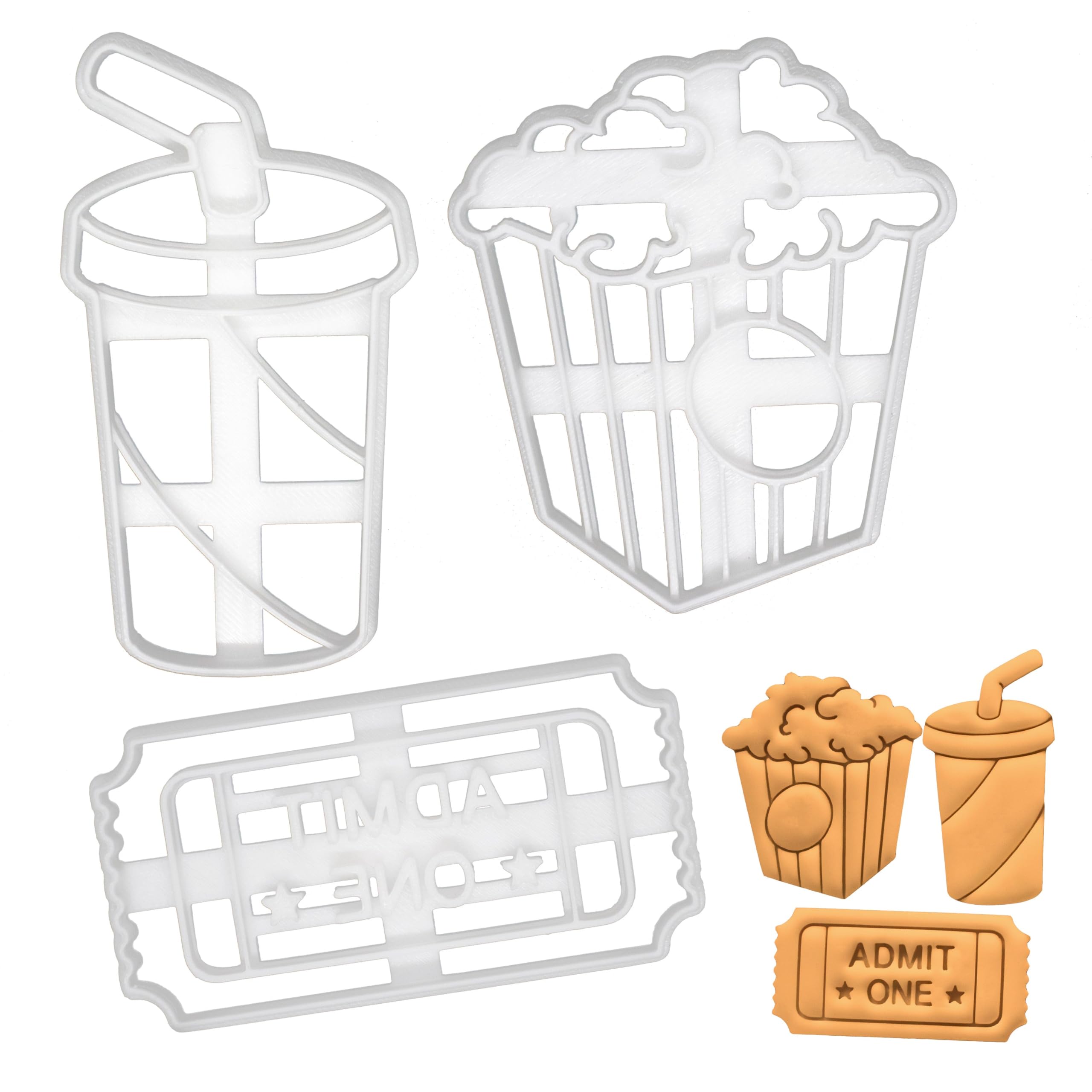 BAKERLOGY Set of 3 Cinema Themed Cookie cuters (Designs: Popcorn, Admit One Ticket, and Soft Drink) - Detailed Biscuit Cutter Design for Baking and Crafts, Ideal on Fondant, Dough, Clay
