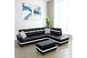howcool 103.5" Sectional Sofa with Left Chaise Lounge and Storage Ottoman, Modern 4-Seater L-Shape PU Leather Upholstered Couch for Living Room Apartment Office, Black and White