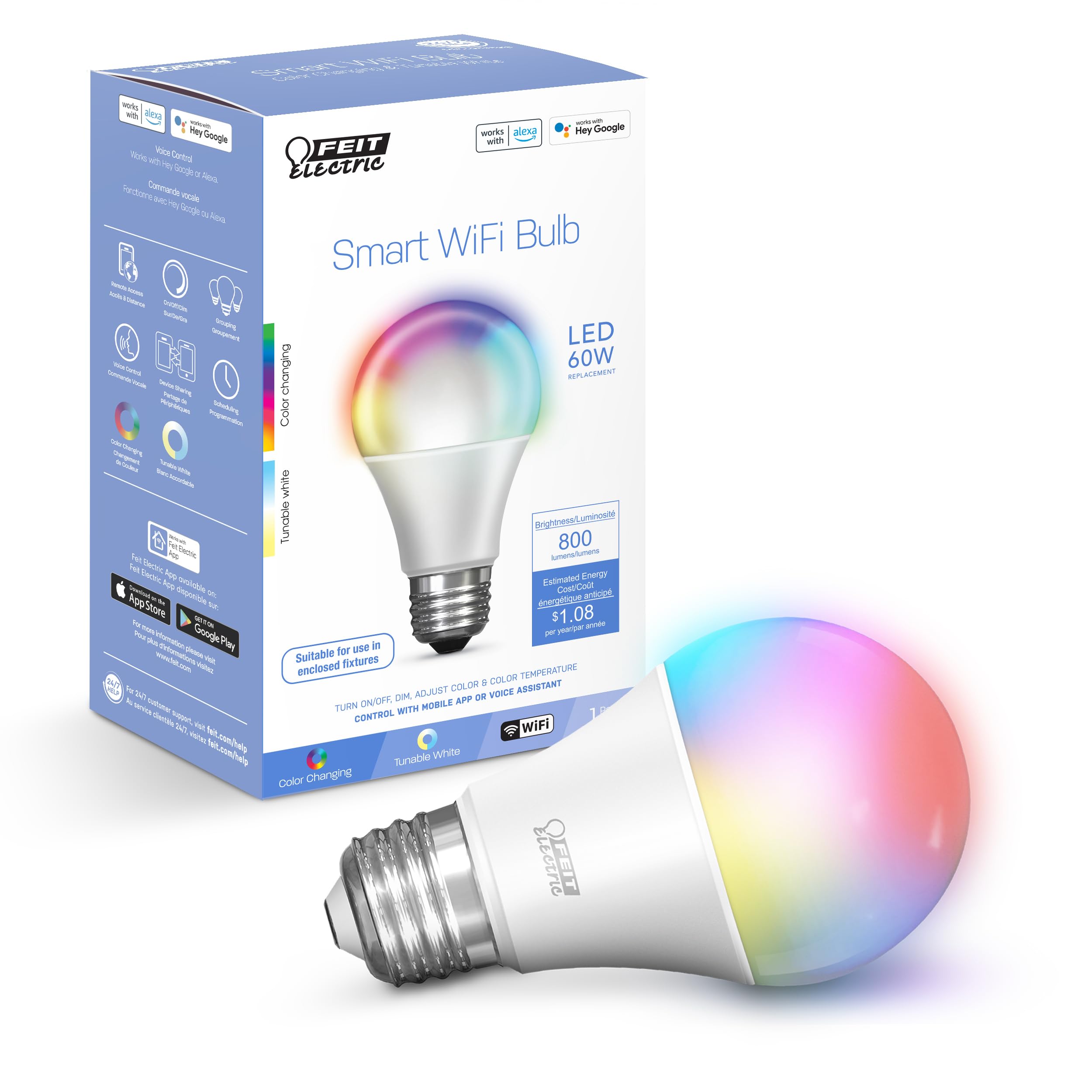 Photo 1 of Feit Electric OM60/RGBW/CA/AG Smart WiFi Color Changing and Dimmable, Alexa or Google Assistant, No Hub Required A19 LED Light Bulb, 60W