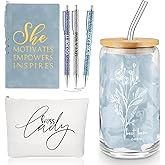 Funnymoom 6 Pcs Valentines Boss Gifts for Women Best Boss Gifts Appreciation, 17 oz Aesthetic Boho Flower Glass Cup Lady Makeup Bag A6 Notepad Ballpoint Pens for Female Leader Manager Valentines Favor