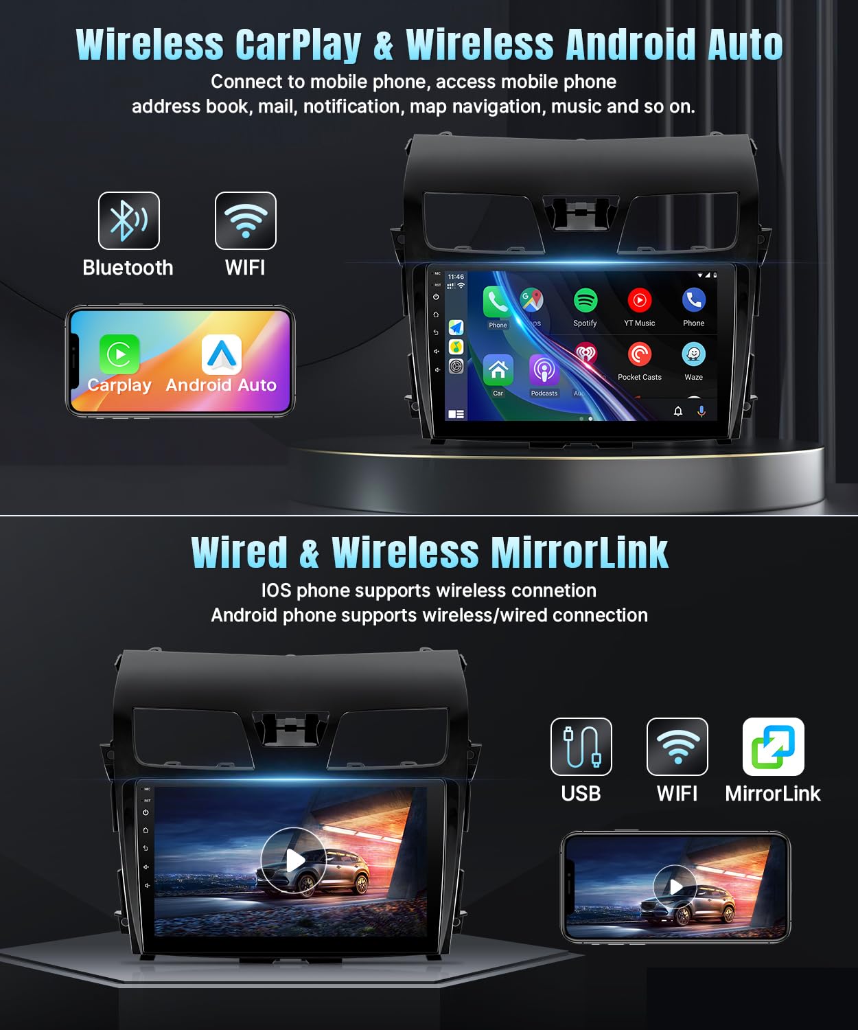 Naifay Android Car Radio for 2013 2014 2015 Nissan Altima with Wireless CarPlay Android Auto, 2+32G 10.1 inch IPS Touch Screen Car Stereo for Nissan with Bluetooth/FM/GPS/WiFi/SWC/Split Screen/Camera