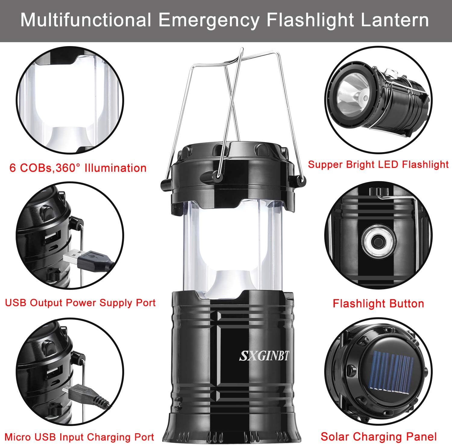 COB Lantern, Camping Solar Lanterns, SXGINBT 2-Pack Lantern Flashlights with Input/Output Port, USB Rechargeable Emergency Lighting for Hurricane/Earthquake/Power Outage - - 